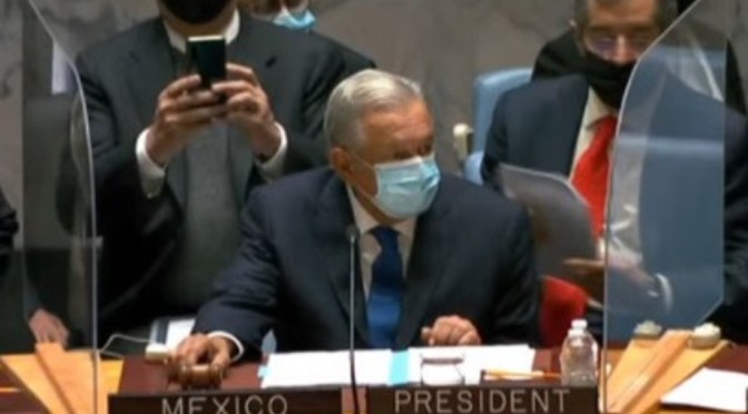 Con cubrebocas, AMLO encabeza mensaje en el Consejo de Seguridad de la ONU