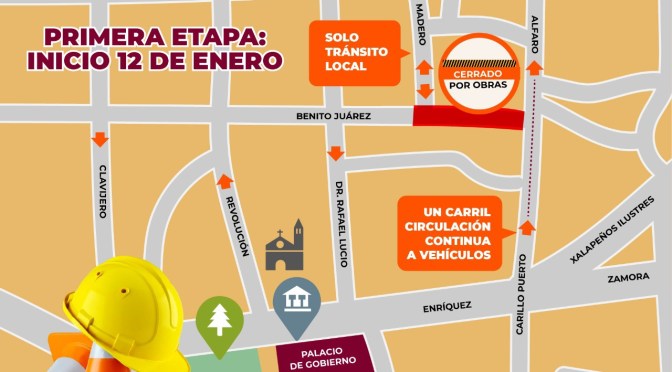 Suspenderán circulación parcialmente por obras en la calle Juárez de Xalapa.