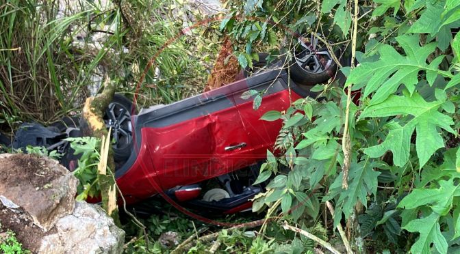 Tripulantes de camioneta terminan volcados en cuneta.