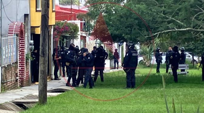 Tras detonaciones de arma de fuego, acuden policías a la avenida Araucarias en Xalapa.