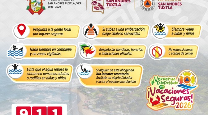 Exhorta PC Municipal a seguir recomendaciones durante visita a playas de San Andrés Tuxtla&nbsp;